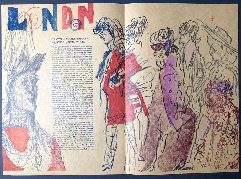 Item #H24971 London, double-sided 35 x 13" lithograph in colors, with text by John Wells. John Wells, Feliks Topolski.