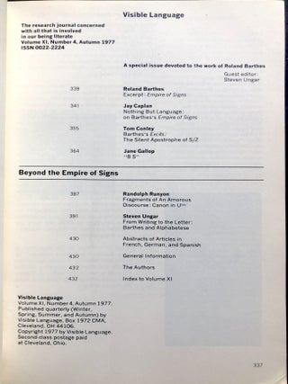 Visible Language, Vol. XI no. 4, Autumn 1977: Special Issue devoted to the work of Roland Barthes