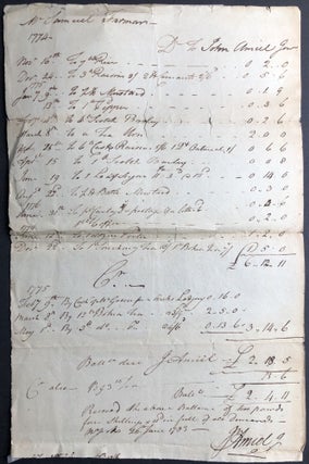 Item #H25293 1774-1779 invoice from John Amiel Jr., NYC, to Samuel Harman for groceries, etc.,...
