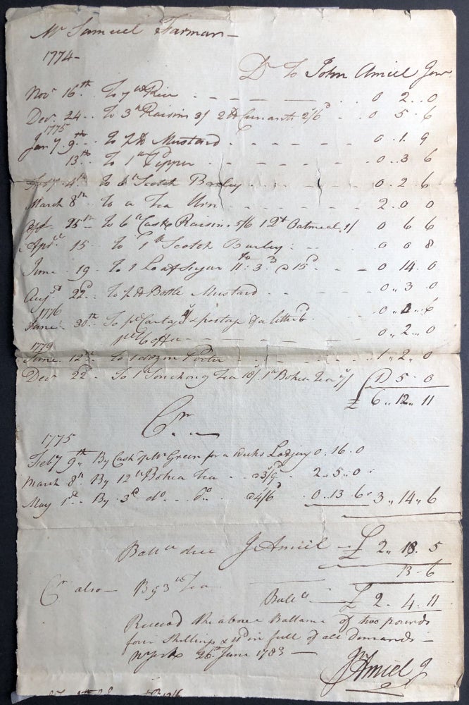 Item #H25293 1774-1779 invoice from John Amiel Jr., NYC, to Samuel Harman for groceries, etc., paid in full in 1783 and signed by Amiel, a New York City merchant and loyalist. John Amiel, Jr., Samuel Harman.