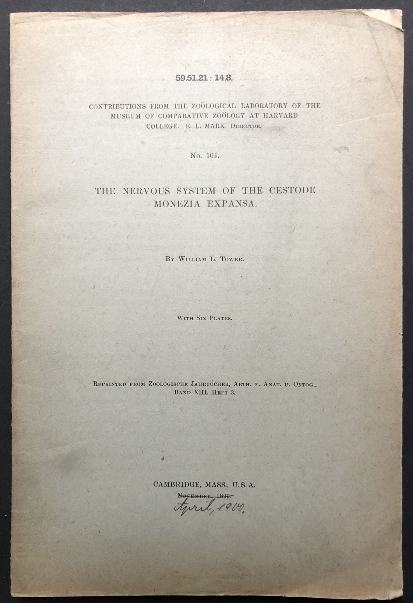 The Nervous System of the Cestode Monezia Expansa 1900 offprint ...