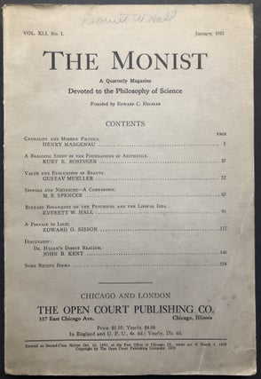 Item #H25916 The Monist, Vol. XLI no. 1, January 1931 -- contributor Everett W. Hall's own copy....