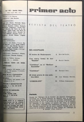 Primer Acto, no. 53, Junio 1964 with Brecht on Shakespeare and Coriolano in Spanish