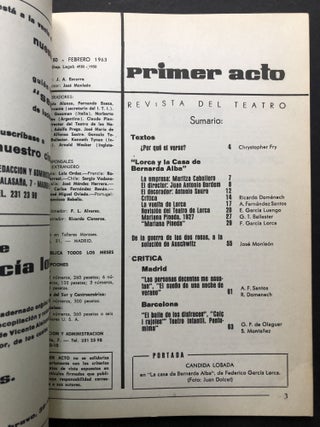 Primer Acto, no. 50, Febrero 1963: Essays and articles on "Lorca y la Casa de Bernarda Alba" plus "Mariana Pineda" texto integro, etc.