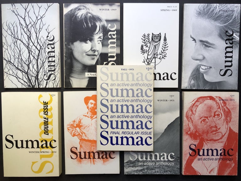 Item #H26136 Complete run of SUMAC literary journal in 9 issues, 1968-1971, Vol. 1 no. 1 Fall 1968 - Vol. 4 no. 1 Fall 1971. Jim Harrison, Dan Gerber, Pound eds. Levertov, Adrienne Rich, Hugo, Snyder.
