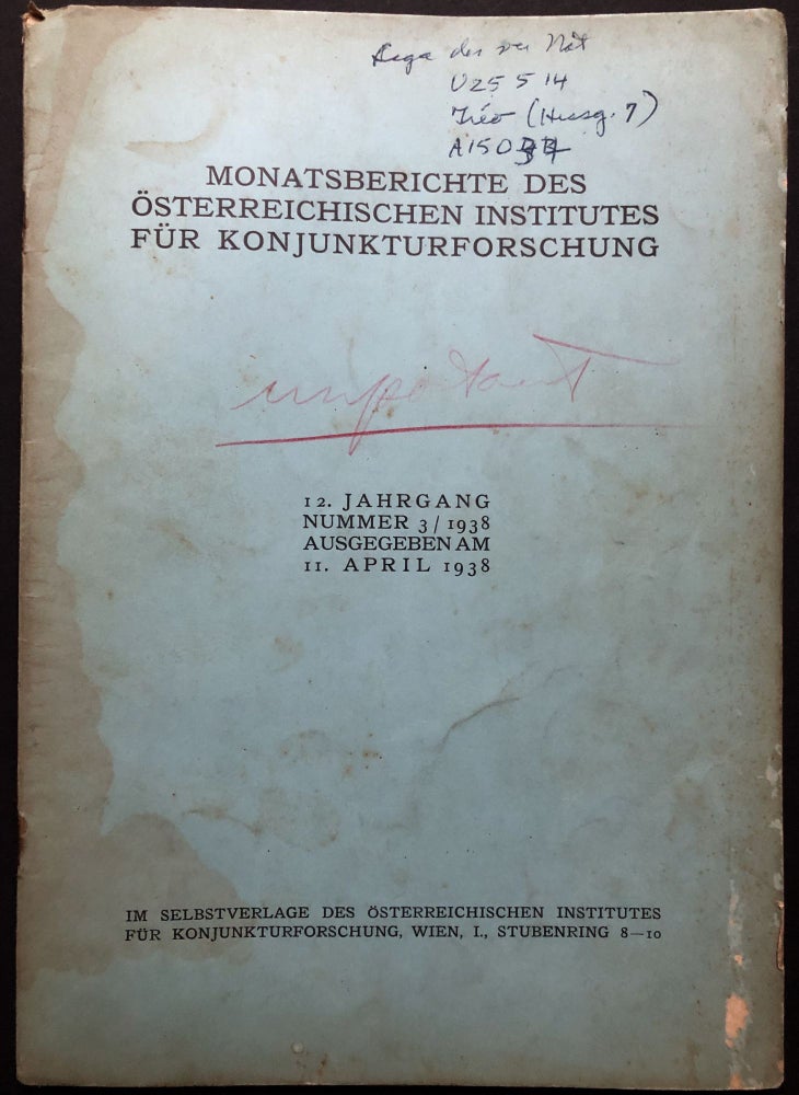 Item #H27542 Monatsberichte des Österreichischen Institutes für Konjunkturforschung, 12. Jahrgang, Nummer 3, 1938. Nazi Era Austria, Ernst Wagemann.