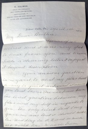 Group of letters 1905-1906 from Leib Salmon in Beaver Falls PA to his cousin & future wife Bertha Quint in NYC, plus additional family letters from the 1930s-1940s