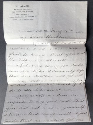 Group of letters 1905-1906 from Leib Salmon in Beaver Falls PA to his cousin & future wife Bertha Quint in NYC, plus additional family letters from the 1930s-1940s
