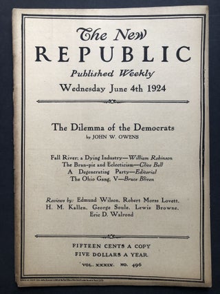 Item #H27725 The New Republic, June 4, 1924. Edmund Wilson, Harry Kemp, Clive Bell