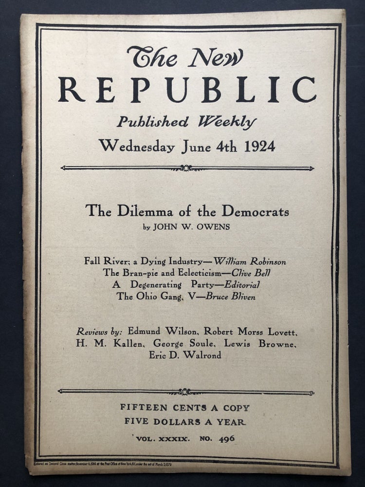 Item #H27725 The New Republic, June 4, 1924. Edmund Wilson, Harry Kemp, Clive Bell.