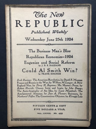 Item #H27728 The New Republic, June 25, 1924. John Dewey, Lewis Mumford J. B. S. Haldane