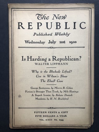 Item #H27747 The New Republic, July 21, 1920. Walter Lippmann, Carl Sandburg, Morris R. Cohen