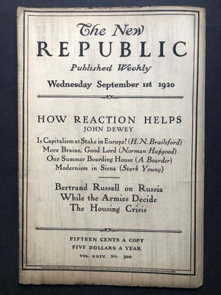 Item #H27753 The New Republic, September 1, 1920. Bertrand Russell, John Dewey