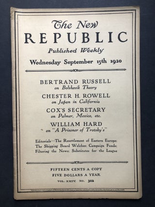 Item #H27755 The New Republic, September 15, 1920. Bertrand Russell, Charles E. Morris, Clive Bell