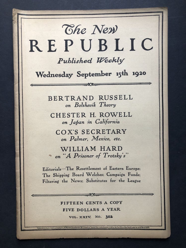 Item #H27755 The New Republic, September 15, 1920. Bertrand Russell, Charles E. Morris, Clive Bell.