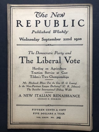 Item #H27756 The New Republic, September 22, 1920. Sidney Webb, John Gould Fletcher
