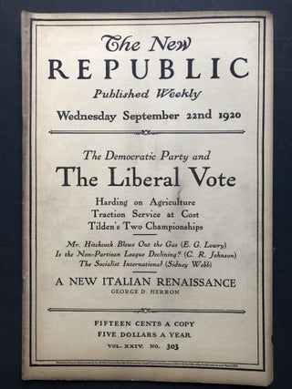 Item #H27756 The New Republic, September 22, 1920. Sidney Webb, John Gould Fletcher