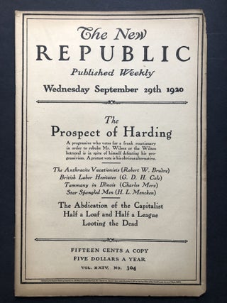 Item #H27757 The New Republic, September 29, 1920. H. L. Mencken, Amy Lowell, G. D. H. Cole