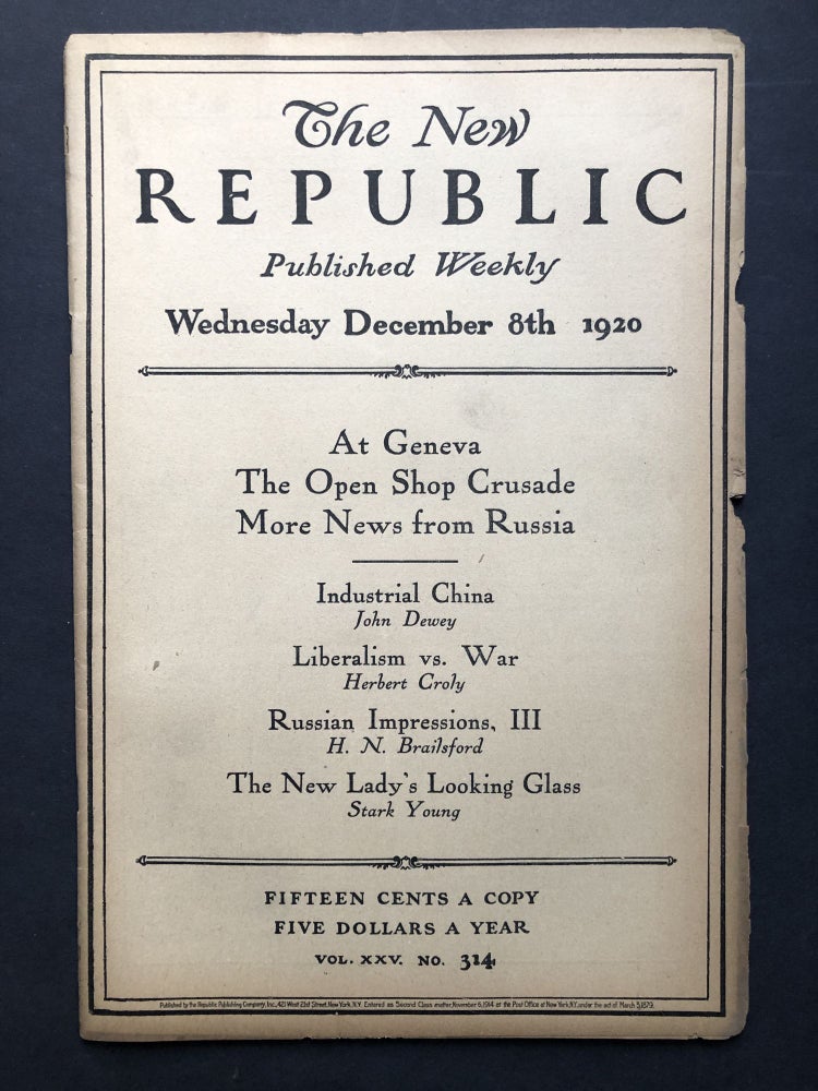 Item #H27766 The New Republic, December 8, 1920. H. N. Brailsford, John Dewey.