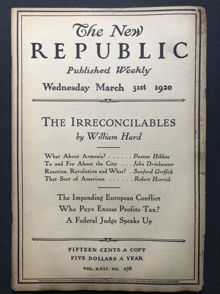 Item #H27774 The New Republic, March 31, 1920. Edmund Wilson, John Drinkwater, Robert Herrick.