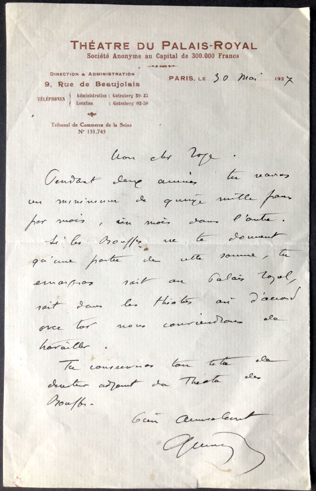 Item #H27790 1927 letter from Quinson, the director of the Theatre du Palais-Royal to Edmond Roze. Gustave Quinson.