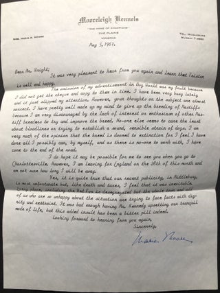 Group of 18 letters plus photos from two breeders of mastiffs in Middleburg Virginia, 1957-1961: dogs, dog shows, breeders...and desegregation!