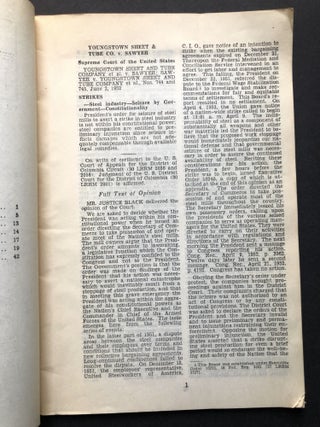 Labor Relations Reporter, June 2, 1952, Extra Edition Bulletin: Full Text of Opinions by Supreme Court of the United States in Steel Seizure Case (Youngstown Sheet & Tube Co. vs. Sawyer)
