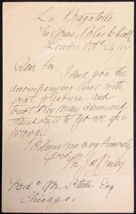 Item #H28704 1884 short signed note sending "accompanying lines" Philip James Bailey