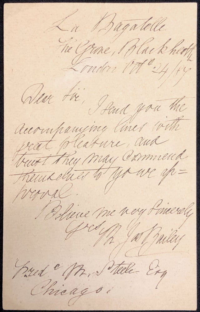 Item #H28704 1884 short signed note sending "accompanying lines" Philip James Bailey.