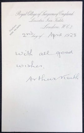 Item #H28705 Short signed note from 1928. Arthur Keith