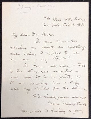 Item #H28719 1899 note to a doctor on researching apoplexy for one of her short stories. Mary...