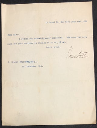 Item #H28725 1889 short typed note signed, returning a corrected proof. Horace Porter