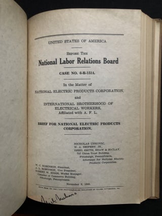 1943-1946 large bound volume of printed briefs, petitions, evidence, etc. for several industrial labor legal disputes in Pittsburgh and western Pennsylvania