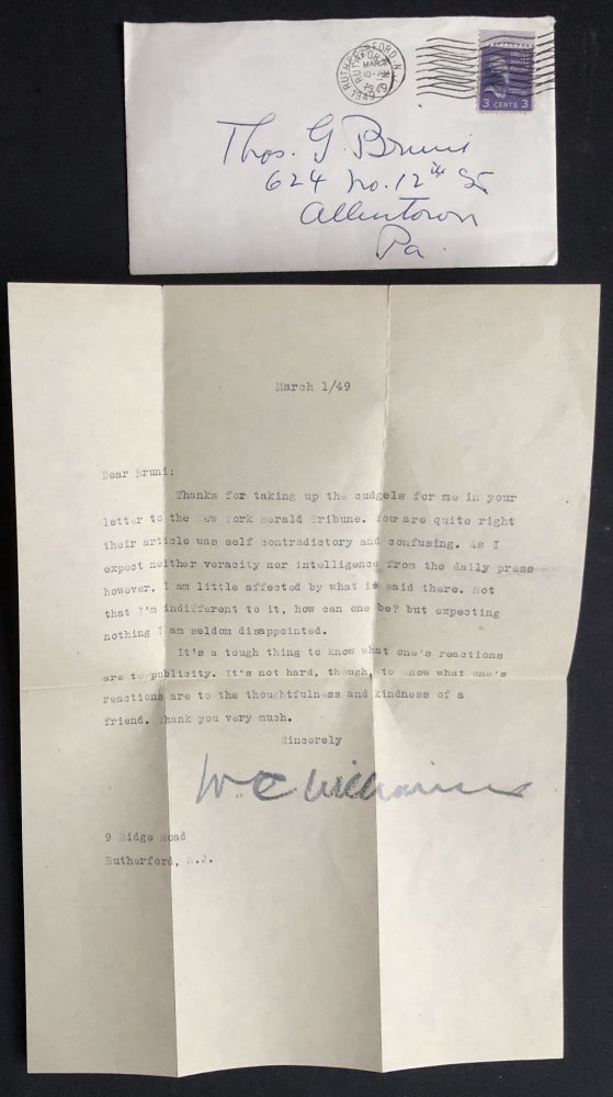 Item #H28819 1949 signed letter to Thomas Bruni, an educator in Allentown PA. William Carlos Williams.