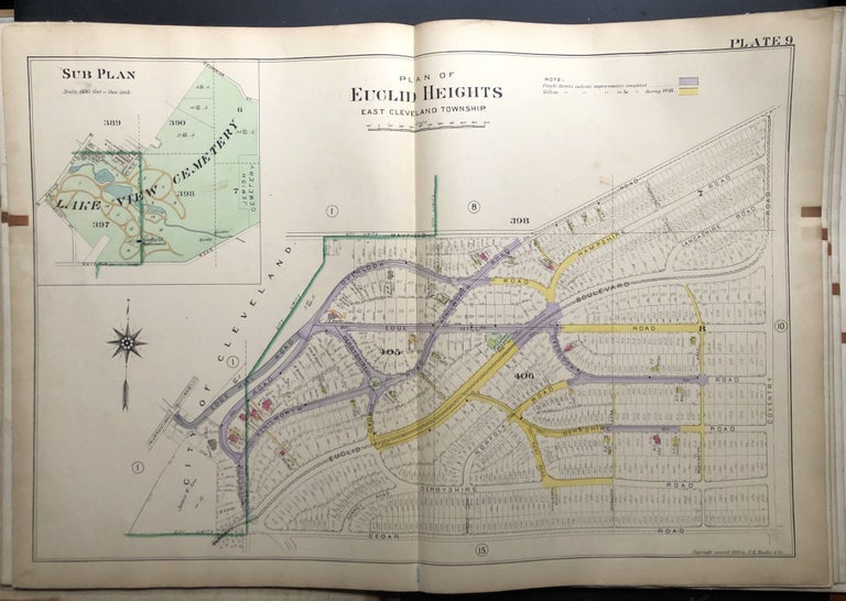 Item #H29049 Euclid Heights, East Cleveland Township, Ohio, 1898 linen-backed double-page color map 32 x 22" Thomas Flynn.
