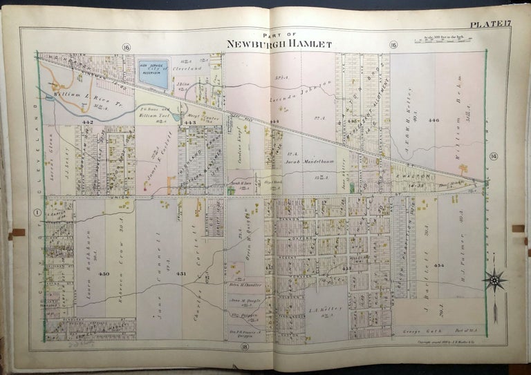Item #H29055 Part of Newburgh Hamlet, OH: Kinsman, Plank Rd, Mars Ave., 1898 linen-backed double-page color map 32 x 22" Thomas Flynn.