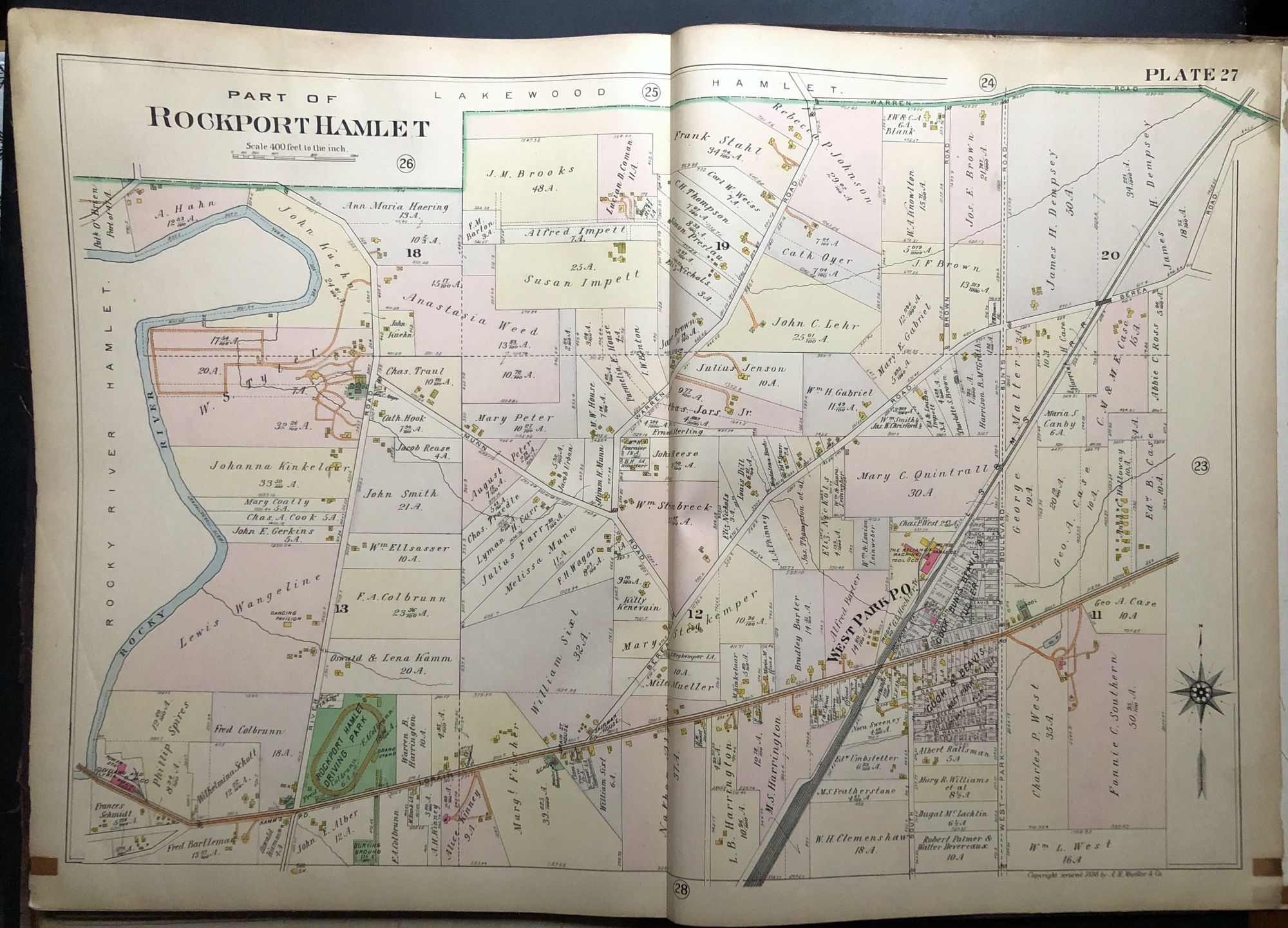 Part of Rockport Hamlet, OH, 1898 linen-backed double-page color map 32 ...