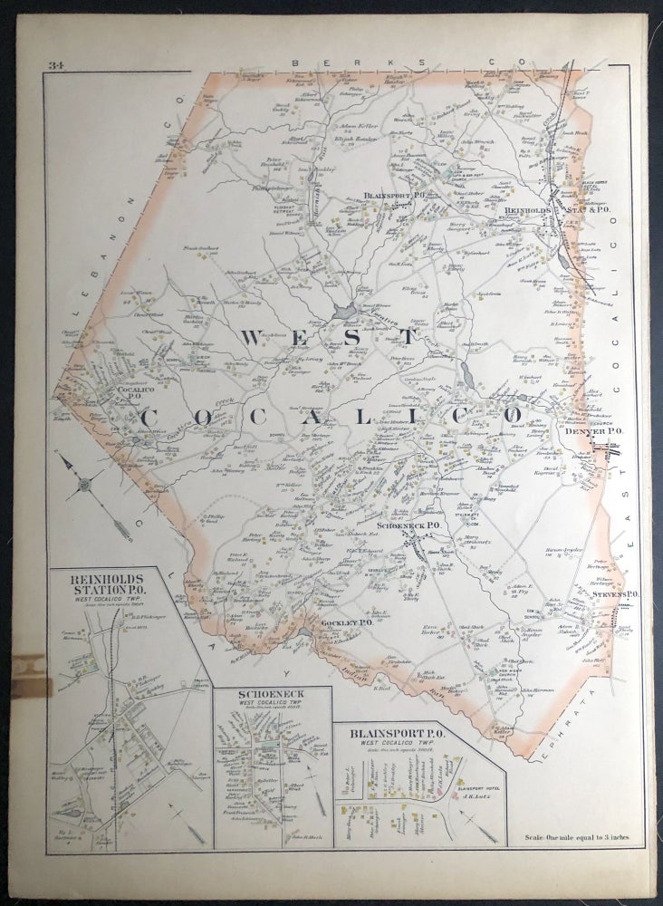 Item #H29074 1899 linen-backed 22.5 x 16" map: West Cocalico, Reinholds Station, etc., from Survey Atlas of Lancaster County, PA