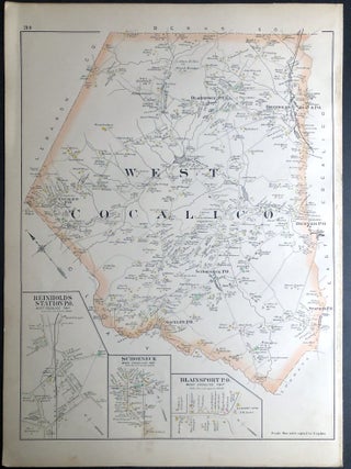1899 33x22" color map: Leacock, Intercourse, Caernarvon, Adamstown, West Cocalico, from Survey Atlas of Lancaster County, PA