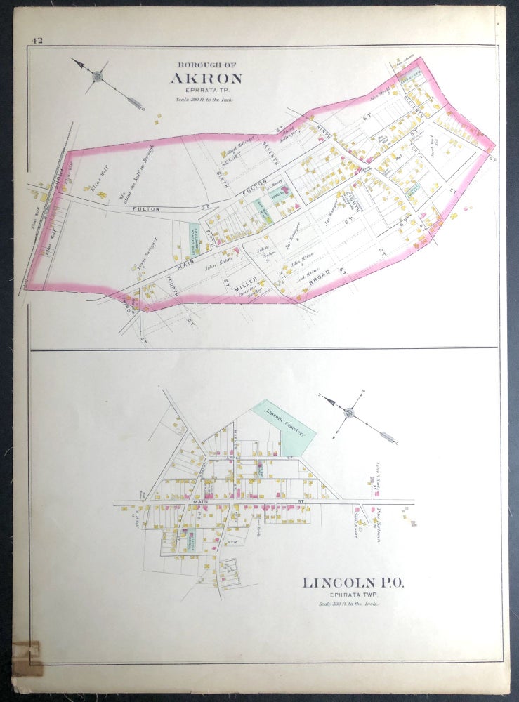 Item #H29080 1899 linen-backed 22.5 x 16" map: Borough of Akron & Lincoln P.O., Ephrata Twp. from Survey Atlas of Lancaster County, PA