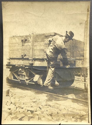 Group of 5 1890s photos 7 x 5 inches, railroad men unlinking freight cars