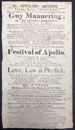 Item #H29416 1816 London theatrical broadsheet: Mr. Sinclair's Benefit -- Guy Mannering, Festival...