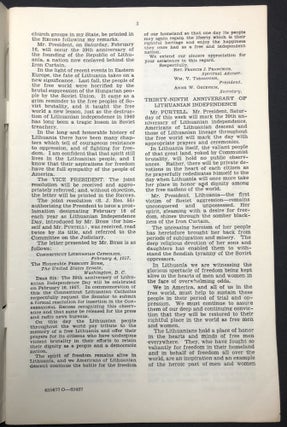Freedom for Lithuania, "Lithuania's independence day in the Congress of the United States." 39th anniversary, February 16, 1957 excerpts from proceedings of the United States Senate and House of Representatives in First session of the Eighty-fifth Congress