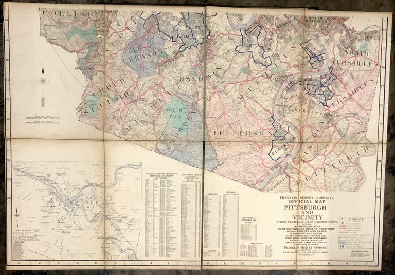 Item #H29624 1931 56x80" linen backed Official Map of Pittsburgh & Vicinity, covering practically all of Allegheny County, including 100 municipalities, over 500 square miles of territory, 10,000 streets and names, subdivisions, golf courses, parks, cemeteries, airports, etc. ; ward lines, municipal boundaries, trolley routes, railroads, large estates, farms and acreage. Franklin Survey Co.