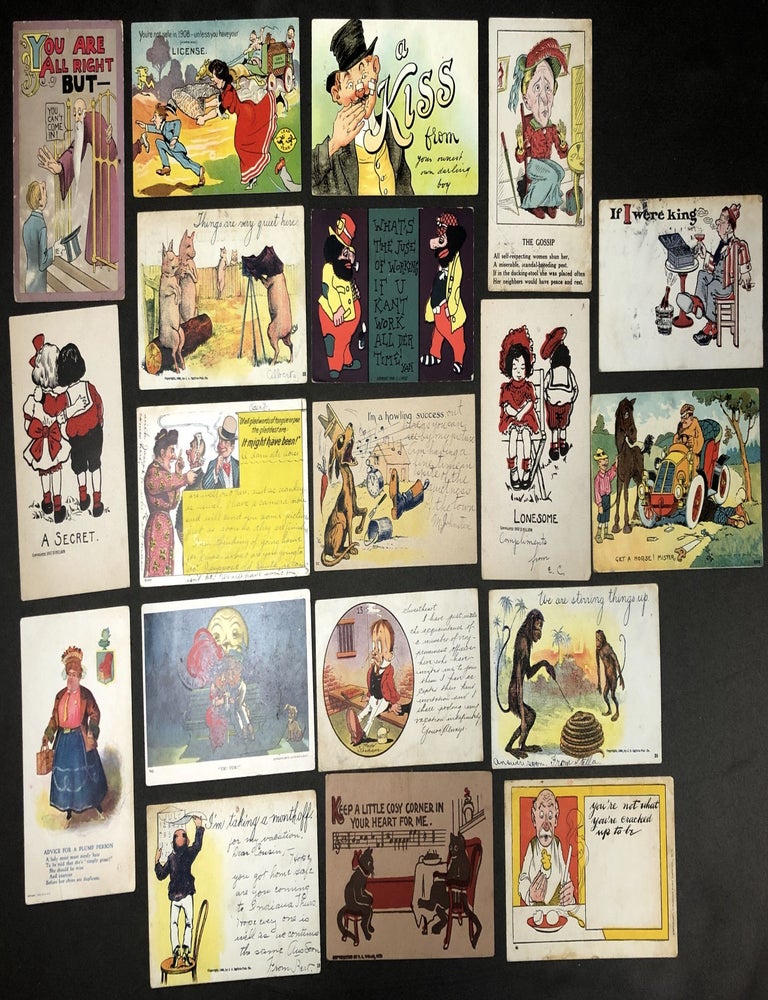 Group of 18 humorous early 1900s postcards featuring cartoons