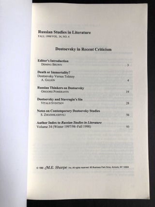 Dostoevsky in Recent Criticism: Russian Studies in Literature, Fall 1998