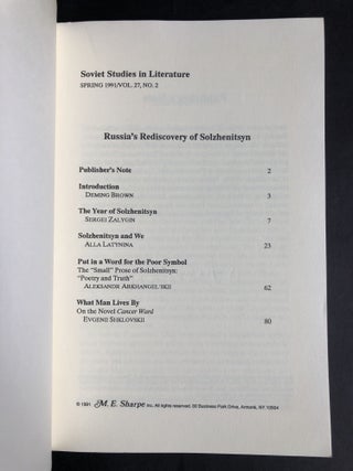 Russia's Rediscovery of Solzhenitsyn: Soviet Studies in Literature, Spring 1991