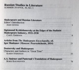 Shakespeare and Russian Literature: Russian Studies in Literature, Summer 2014