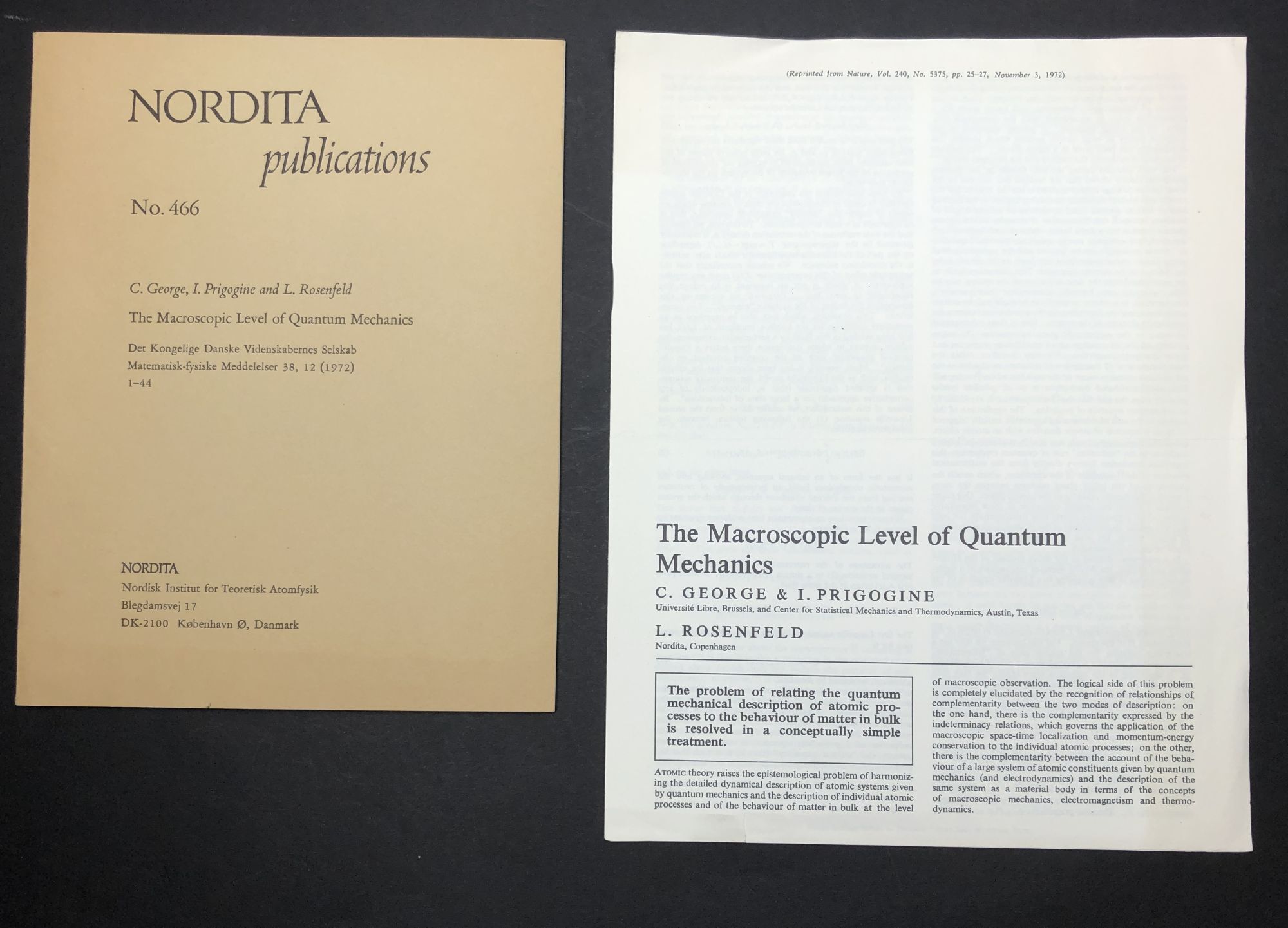 George Rosenfeld The Macroscopic Level of Quantum Mechanics, 2 offprints of articles ...