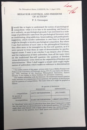 Item #H30406 Behavior Control and Freedom of Action (1978 offprint, signed by author, Adolf...
